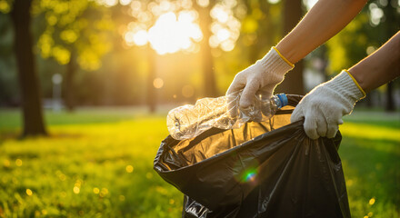 Person collecting trash in sunny park with green background