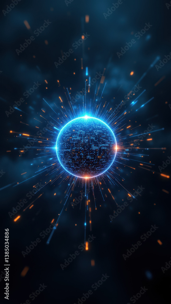 Poster a futuristic digital concept with a sphere and data streams against a cosmic background, symbolizing