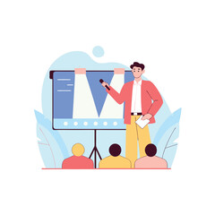 Cartoon vector illustration design concept shows a businessman present in front of his team and clients
