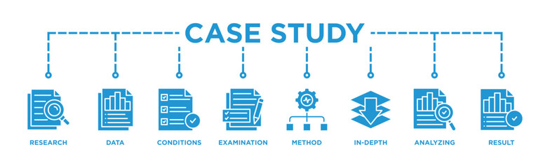 Case study banner web icon illustration concept with icon of research, data, conditions, examination, method, in-depth, analyzing, and result	