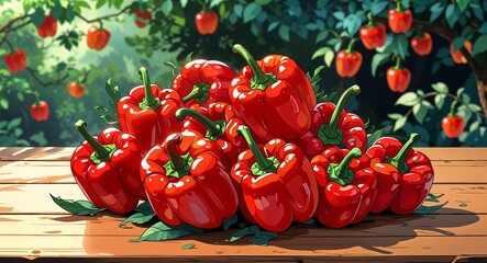 A bunch of red bell peppers on a wooden table anime cartoon style illustration artwork design background