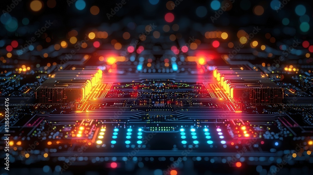 Poster abstract technology background with glowing circuit board and colorful led lights