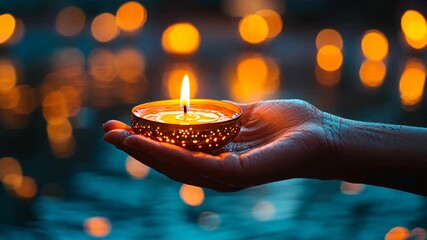 Hand holding candle, water reflections, night light, peaceful scene. Possible use stock photo for spirituality, religion, relaxation, events