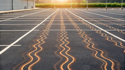 Fototapeta premium Empty asphalt parking lot with tire marks and sunset in the background at dusk