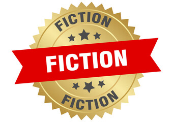 fiction. fiction round red and gold label isolated on transparent background