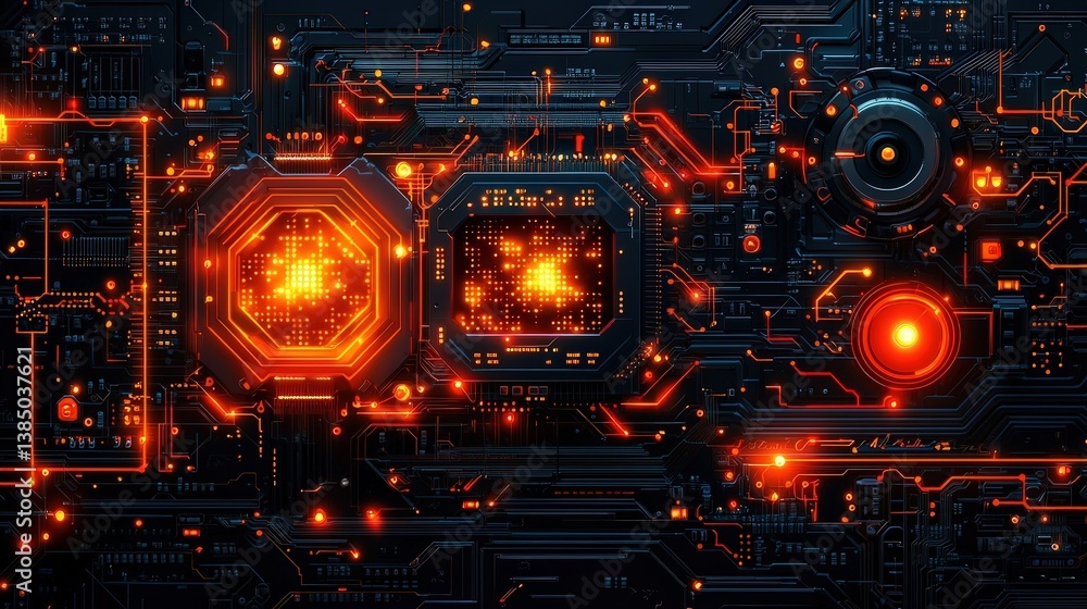 Poster futuristic circuit board with glowing patterns and orange light effects in dark background