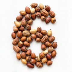 Fototapeta premium Number 6 shaped from a variety of nuts, smooth rounded composition, fine macro details on nut surfaces, white backdrop, minimal food design emphasizing health and nature