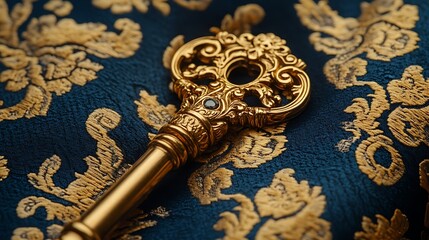 Antique key on ornate fabric