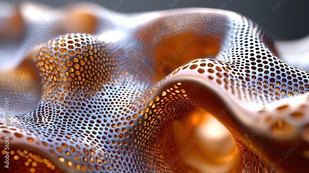 Poster abstract wavy surface with metallic texture and perforated design in warm tones and highlights