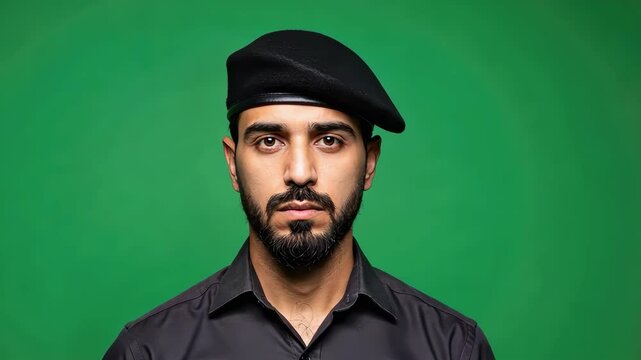 Arab security guard on a green screen background, perfect for corporate, advertising, or professional projects requiring customizable footage of a security professional.