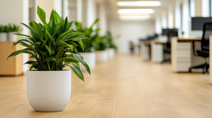 Fototapeta premium Modern office space with wooden flooring, potted green plants, and natural lighting creating refreshing atmosphere