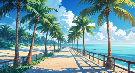 Beachfront walkways surrounded by palm trees leading toward calm blue water anime cartoon style illustration artwork design background