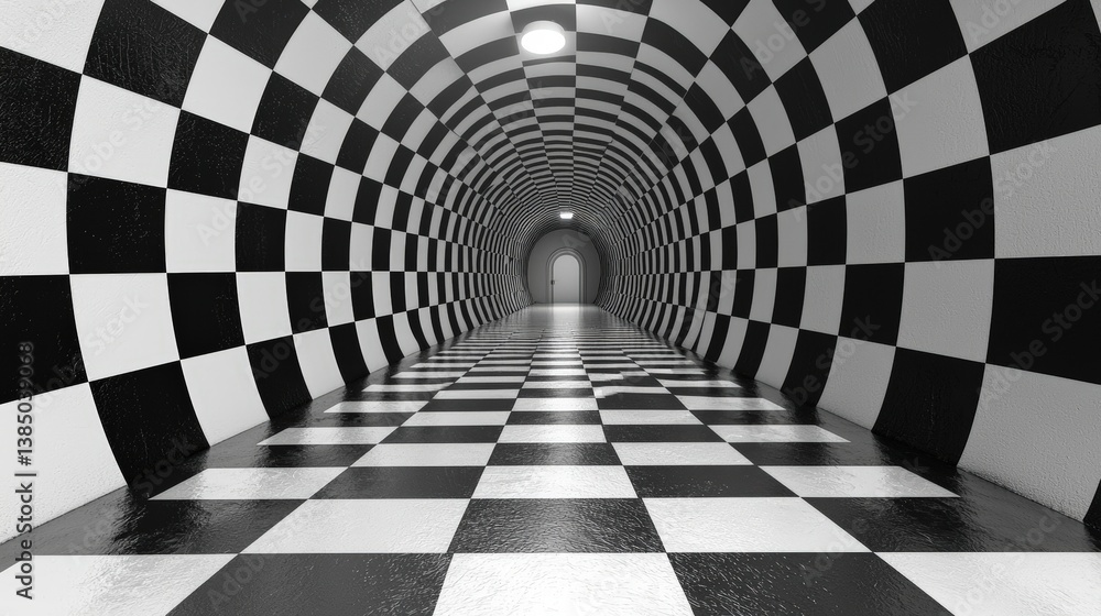 Poster abstract black and white tunnel with checkered pattern and futuristic perspective design