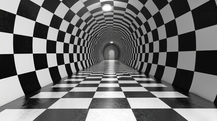 Naklejka premium Abstract Black and White Tunnel with Checkered Pattern and Futuristic Perspective Design