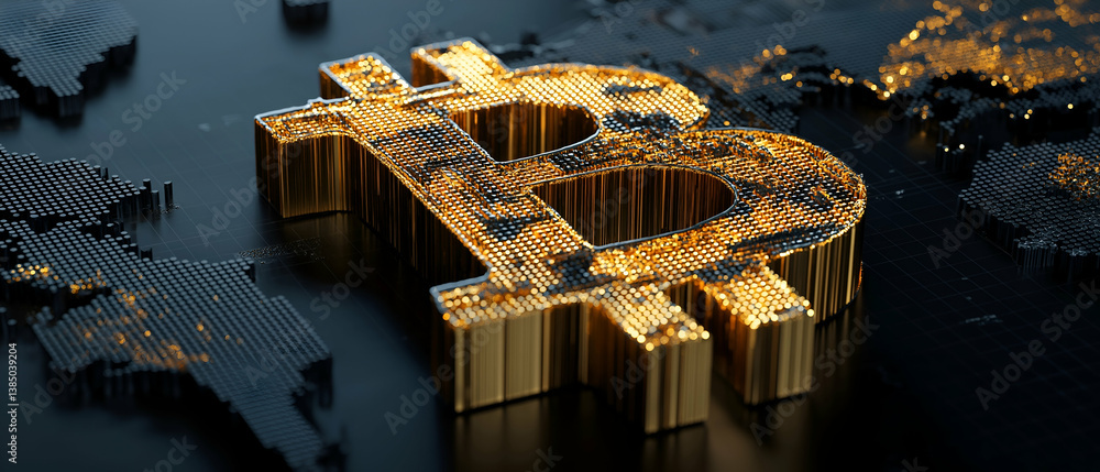 Poster a digital representation of the bitcoin symbol illuminated against a dark background, symbolizing cr