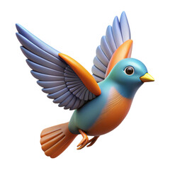 A colorful bird with large wings in flight, showcasing vibrant shades of blue and orange, designed in a playful, cartoonish style, illustration of 3d rendering.	