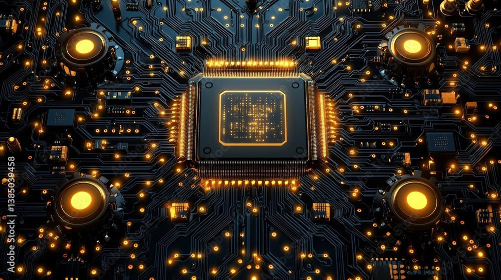 Poster futuristic microchip and circuit board with golden lights and neon patterns in technology design