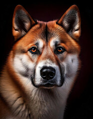 Portret psa rasy Akita, Husky na ciemnym tle w studio z miękkim oświetleniem
