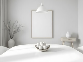 Minimalist Scandinavian dining room with a framed blank poster on light wall and Easter eggs on the table. 3D Rendering
