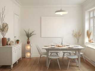 Minimalist Scandinavian dining room with a framed blank poster on light wall and Easter decoration on the table. 3D Rendering