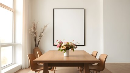 Minimalist Scandinavian office meeting room table with a framed blank poster on light wall and Spring season atmosphere. 3D Rendering