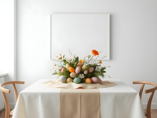 Minimalist Scandinavian dining room with a framed blank poster on light wall and Easter decoration on the table. 3D Rendering