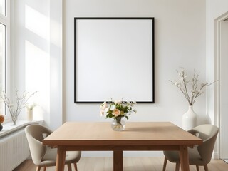 Minimalist Scandinavian office meeting room with a framed blank poster on light wall and Spring season atmosphere. 3D Rendering