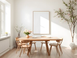 Minimalist Scandinavian dining room with a framed blank poster on light wall and Spring season atmosphere. 3D Rendering