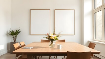 Modern Scandinavian style office meeting room table with two framed blank posters on light wall and Spring season atmosphere. 3D Rendering