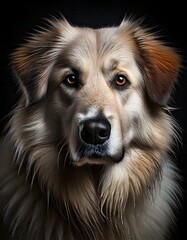 Portret psa owczarka podhalańskiego na ciemnym tle w studio z miękkim oświetleniem