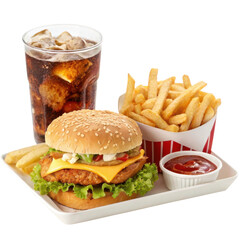A delicious meal featuring a crispy chicken burger with cheese, lettuce, fries, and a cup of cola.