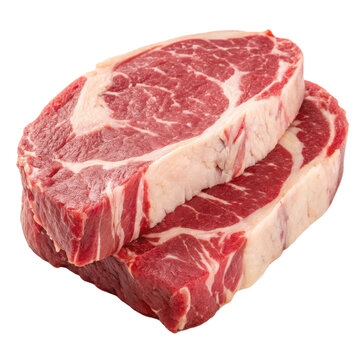 Two thick cuts of ribeye steak, showcasing marbling and rich red color, ideal for grilling or roasting.