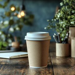 A clean mockup of a paper cup with a lid on a work desk with stationery around