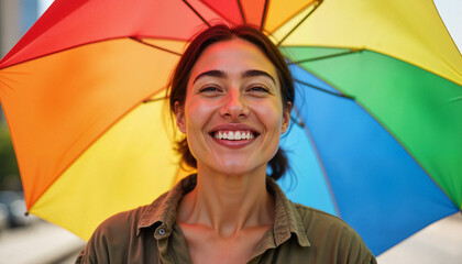 Happy woman smiling under a colorful umbrella outdoors  