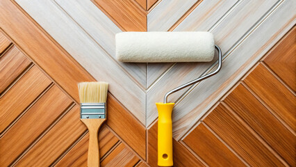 Painting Tools on Wood Surface with Brush and Roller for Home Renovation Project