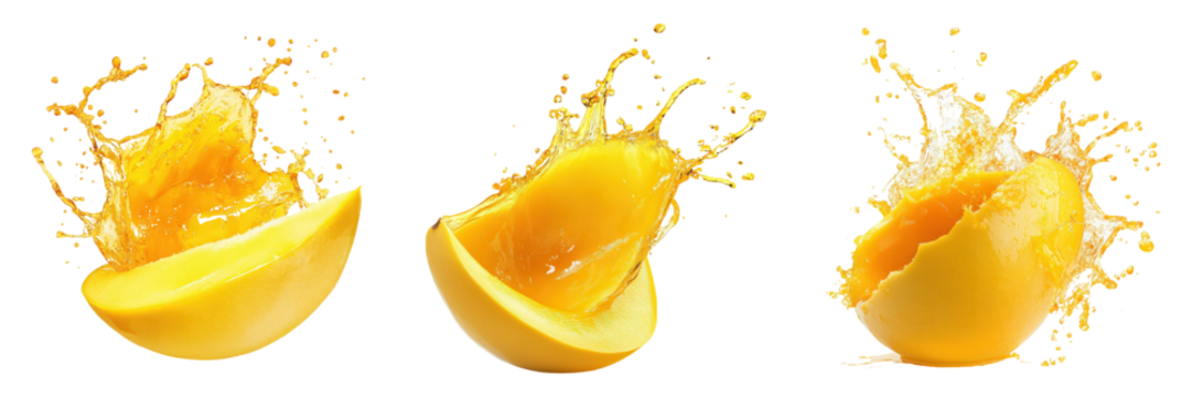 Triptych of juicy mango slices and refreshing splashes.