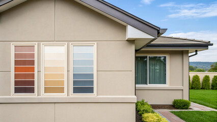 Modern Home Exterior with Colorful Window Panels Against a Clear Blue Sky