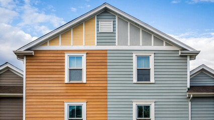 Modern House Exterior with Unique Two-Tone Siding and Clear Blue Sky Background