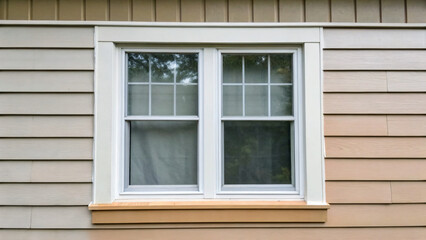 Beautiful Double-Hung Window Frame with White Trim on Subtle Beige House Siding