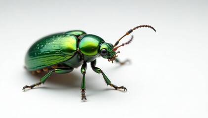 Close-up of a green beetle against stark white, nature, studio, fauna