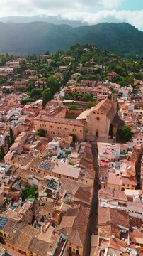 Aerial view of the picturesque town of Pollensa in Mallorca, Spain.