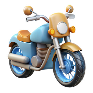 A stylized motorcycle featuring a blue body, brown seat, and chrome accents, designed with a playful and cartoonish aesthetic, illustration of 3d rendering.	
