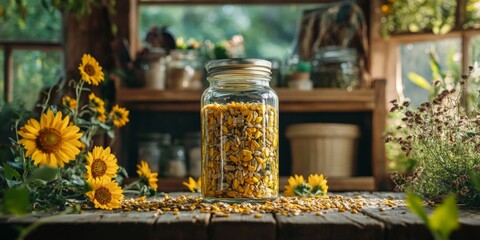 A jar of sunflower seeds sits on a table next to a jar of sunflower oil