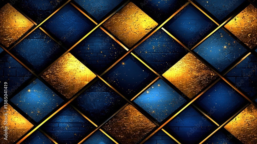 Poster abstract geometric pattern with blue and gold tiles in a diagonal arrangement on a dark background