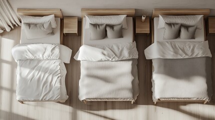 Overhead view of three beds in a modern room. Possible use Interior design stock photo
