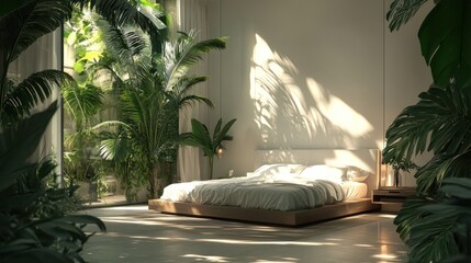 Modern bedroom with tropical garden view, bright sun, calm, peaceful atmosphere. Suitable for interior design, hotel, resort, or nature-themed stock imagery