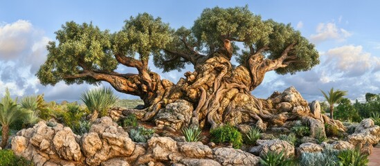 Majestic Tree with Intricate Root System on Rocky Landscape under a Blue Sky