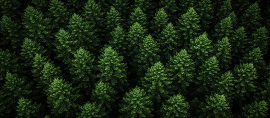 Aerial perspective view of a dense, verdant conifer forest canopy