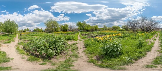 Obraz premium Panoramic view of a rural garden landscape on a sunny day with vibrant vegetation