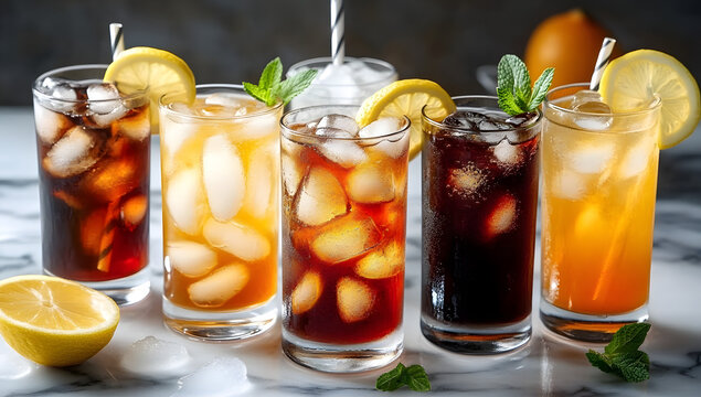Assorted iced beverages in glasses with lemon and mint, featuring soft drinks and juices on a marble surface.